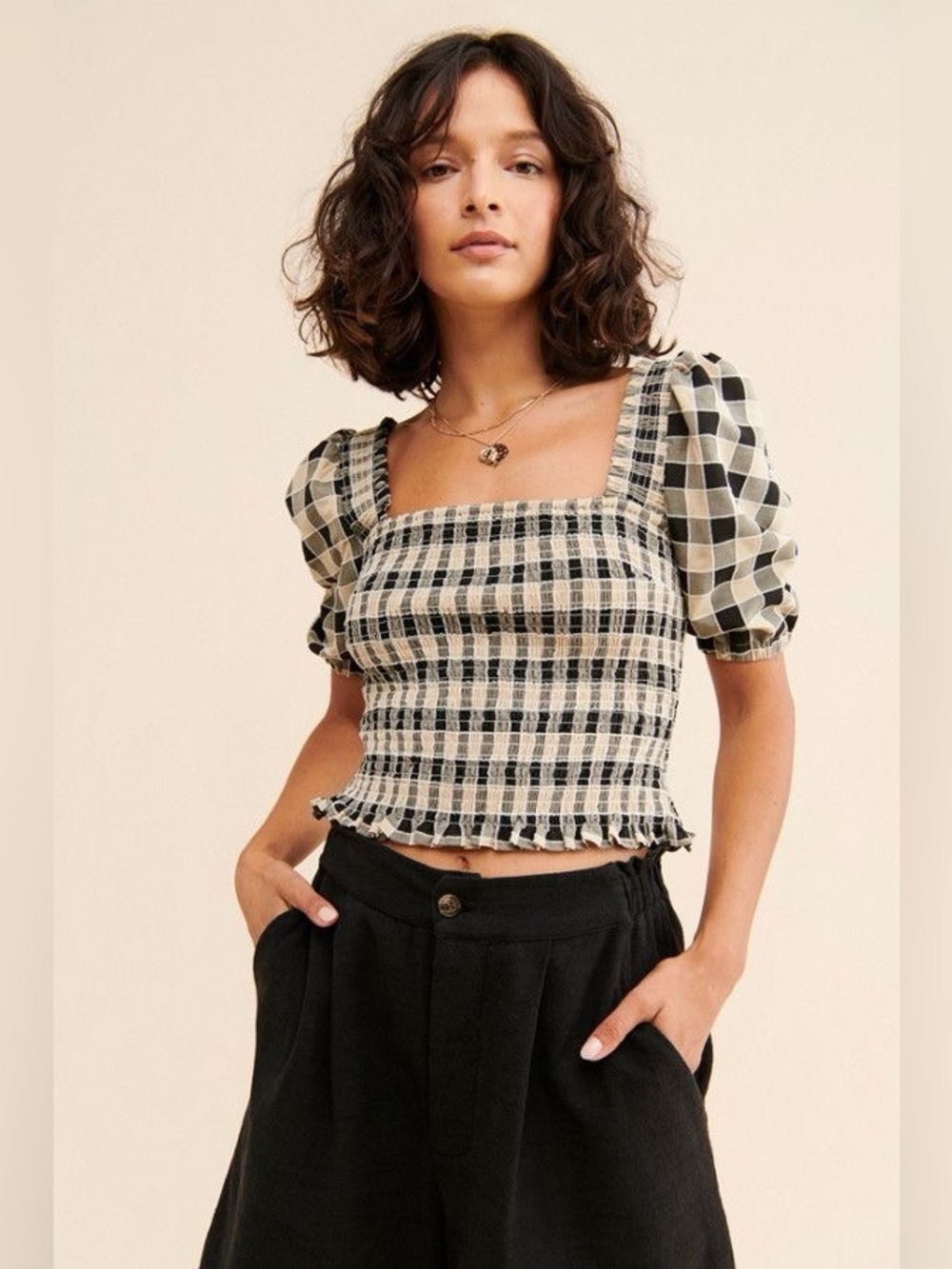Find Me Now Cotton Lala Puff Sleeve Smocked Gingham Top, Sz XS